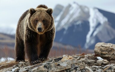 grizzly imposing figure against the backdrop of rugged mountain terrain