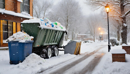 Garbage collection in winter, household waste removal in residential area in snowy weather