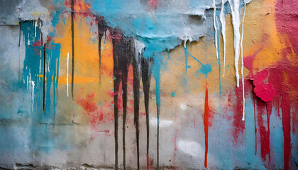 Messy paint strokes and smudges on an old painted wall background. Abstract wall surface with part of graffiti. Colorful drips, flows, streaks of paint and paint sprays - obrazy, fototapety, plakaty
