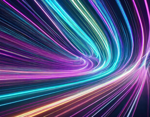 Neon stripes in the form of drill, turns and swirl. Illustration of high speed concept. Image of speed motion on the road. Abstract background in blue and purple neon glow colors.