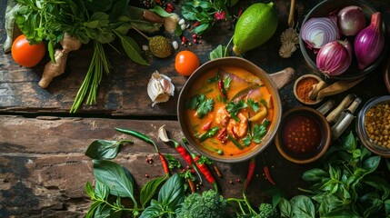Vegetarian Tom Yum against a traditional Thai herbal garden