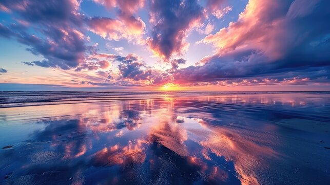 Vibrant Sunset with Clouds Reflected on Wet Sand - A Stunning Image Capturing the Tranquil Beauty of the Coastal Scene during Low Tide