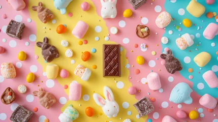 Tuinposter A festive Easter candy flat lay with a variety of sweets chocolate bunnies and pastel marshmallows on a colorful polka dot background. © Lucas