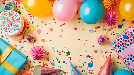 A festive flat lay of a birthday celebration featuring colorful balloons wrapped gifts party hats a cake with candles and confetti arranged on a bright background.