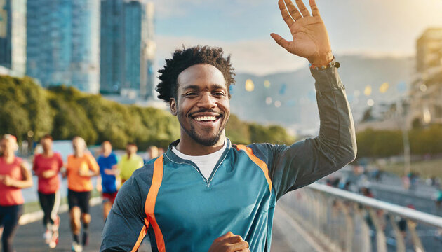 Portrait of Smiling Young Black Man Running in a City Marathon, Waving at the Supportive Audience. Friendly Happy Male Runner Celebrating Crossing the Finish Line in a Race
