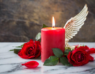 Red Candle with Angel Wings and Roses on Marble