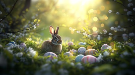easter rabbit in a peaceful garden forest surrounded with easter decorated eggs