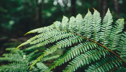 Fototapeta na wymiar Emerald green fern leaf in dark forest