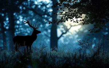 deer silhouette against the backdrop of a moonlit forest