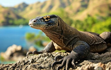 Fototapeta premium Shot of a Komodo dragon basking in the tropical sun on a rocky outcrop