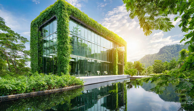 Sustainable Green Building. Eco-friendly Building. Sustainable Glass Building With Vertical Garden Reducing Carbon Dioxide. Green Architecture. Green Environment. Sustainable Lifestyle.