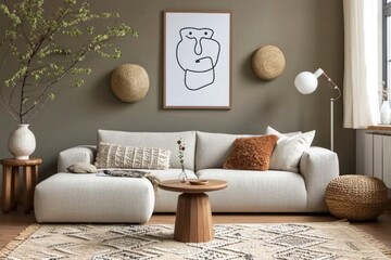 Interior design of cozy living room with stylish sofa, coffee table, dired flowers in vase, mock up poster, carpet, decoration, pillows, plaid and personal accessories. generative ai.