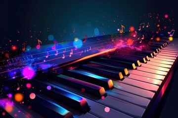 Colorful light beams and musical notes flow from piano keys