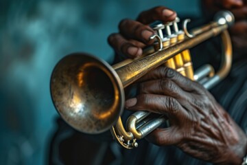 Expert hands of a trumpeter playing a vintage brass trumpet Jazz Revival