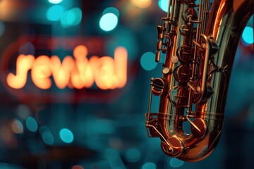 Jazz Revival Close-up of a saxophone against a vibrant 'jazz revival' neon sign