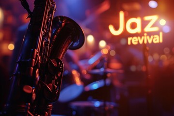 Jazz Revival Saxophone forefront with 'jazz revival' neon sign and blurred drum set background