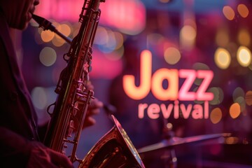Saxophonist performs with a colorful 'Jazz revival' neon sign and bokeh lights