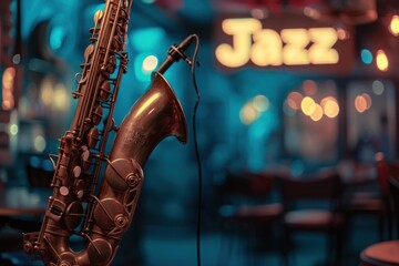 Jazz Revival A saxophone foregrounds a jazz club scene with 'Jazz revival' neon lighting