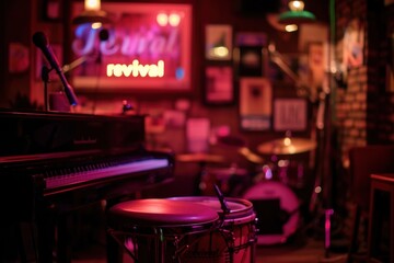 An empty stage in a jazz club with a glowing 'Jazz revival' sign and instruments