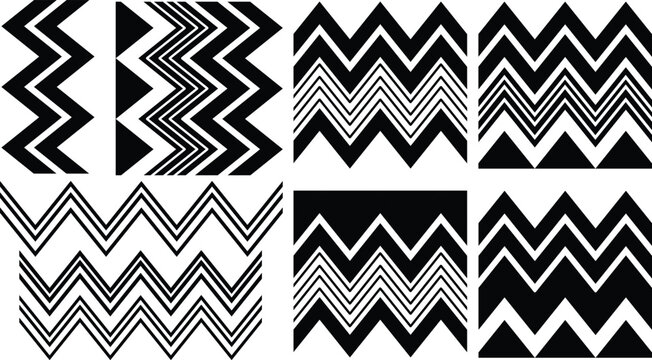 Black and white zigzag patterns, Black zigzag lines design elements vector image, Monochrome zigzag seamless pattern flat vector image