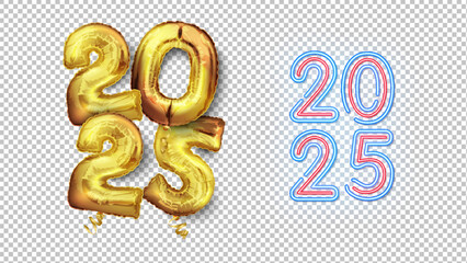 3d gold balloon number 2025 new year, realistic isolated vector. Golden holiday party decoration.