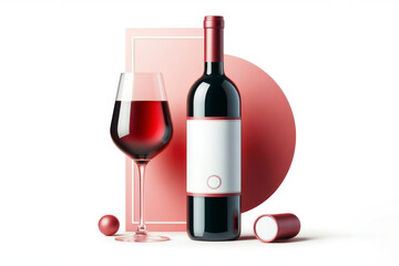 red wine bottle with white label mockup and glass isolated on a white background. ai generative