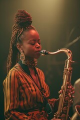 A jazz musician plays the saxophone on stage, immersed in warm lighting