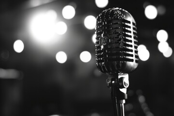 Black and white image of a retro microphone with a bokeh light backdrop