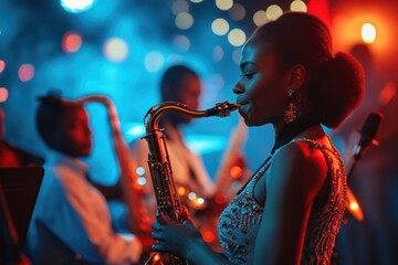 Jazz Revival Elegant female saxophonist performing with a jazz band under blue stage lights. - obrazy, fototapety, plakaty