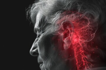 Side profile of an elderly woman with a red glow indicating brain pain or headache