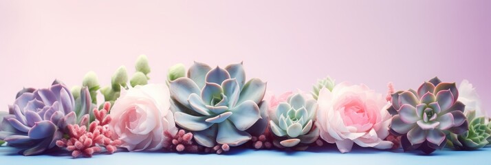 succulents, lavender color background. copy space. home or garden plant Echeveria, stone rose.