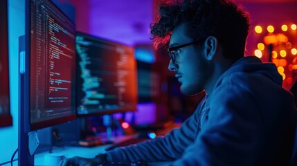 programmer intense focus on the task, screens filled with code snippets