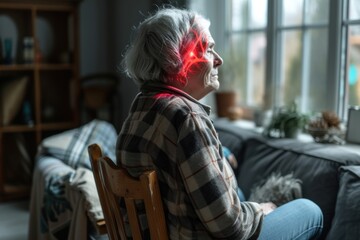 Side profile of an elderly woman with a red glow indicating brain pain or headache