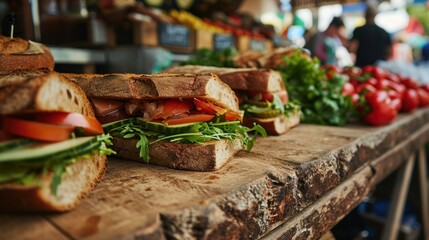 Simple sandwich against a vibrant farmers market stall