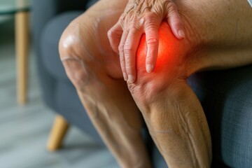 Senior person's hands on knees with highlighted areas indicating joint pain.