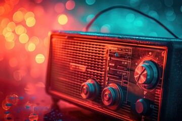 Retro radio foreground with blue and red bokeh lights background