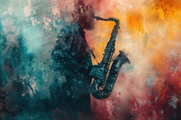 Silhouette of a saxophonist merged with a vivid, abstract grunge texture Jazz Revival - obrazy, fototapety, plakaty