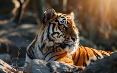 Close up shot of tiger basking in the golden sunlight