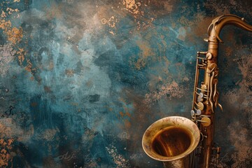 Jazz Revival A vintage saxophone with a rustic patina against an abstract grunge background