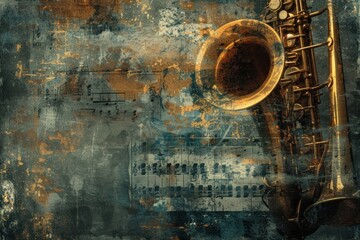Jazz Revival Top view of an old saxophone on a textured blue and gold grunge backdrop