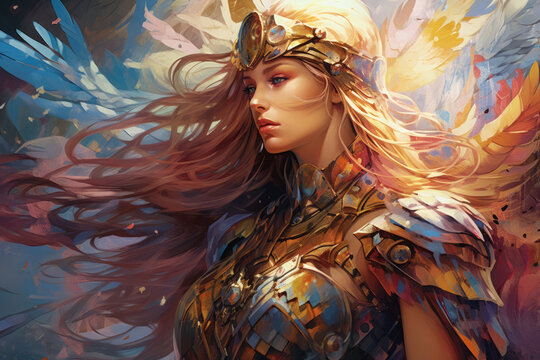 Valkyrie, a warrior maiden in armor and a helmet with wings. Norse mythology. Fantasy portrait. A colorful illustration.