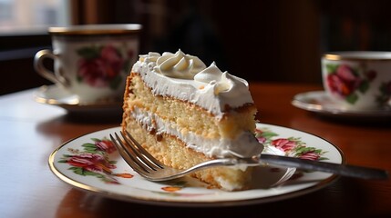 Piece of cake with whipped cream and caramel on a dark background