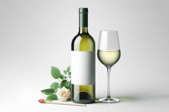 White wine bottle with white label mockup and glass isolated on a white background. ai generative