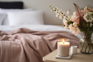 Aroma candle on a white table in the interior of the bedroom