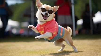 funny dog pug in clothes and sunglasses dancing outdoors at a music festival