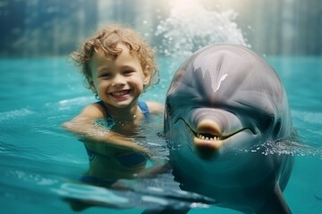 dolphin therapy. a child swims with a dolphin in the pool at the dolphinarium.