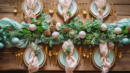 A flat lay of a festive Easter table setting with pastel napkins golden cutlery and egg-shaped placeholders on a rustic table. - obrazy, fototapety, plakaty