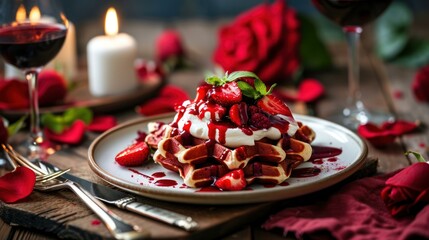 Fototapeta premium Red Velvet Waffles with Cream Cheese Drizzle against a romantic dinner setup