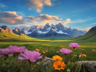 Free Photo mountain lake with a mountain landscape and a colorful sky with snow and house New View 