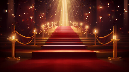 Red carpet staircase with smoke and spotlights, holiday awards ceremony event
